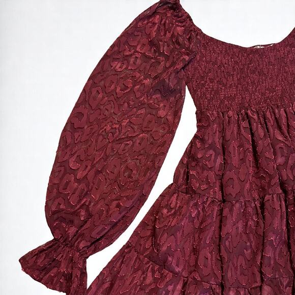A. Calin Smocked Mini Dress Sz Medium Tiered Burgundy Scoop Neck Long Sleeve NWT - Picture 6 of 13